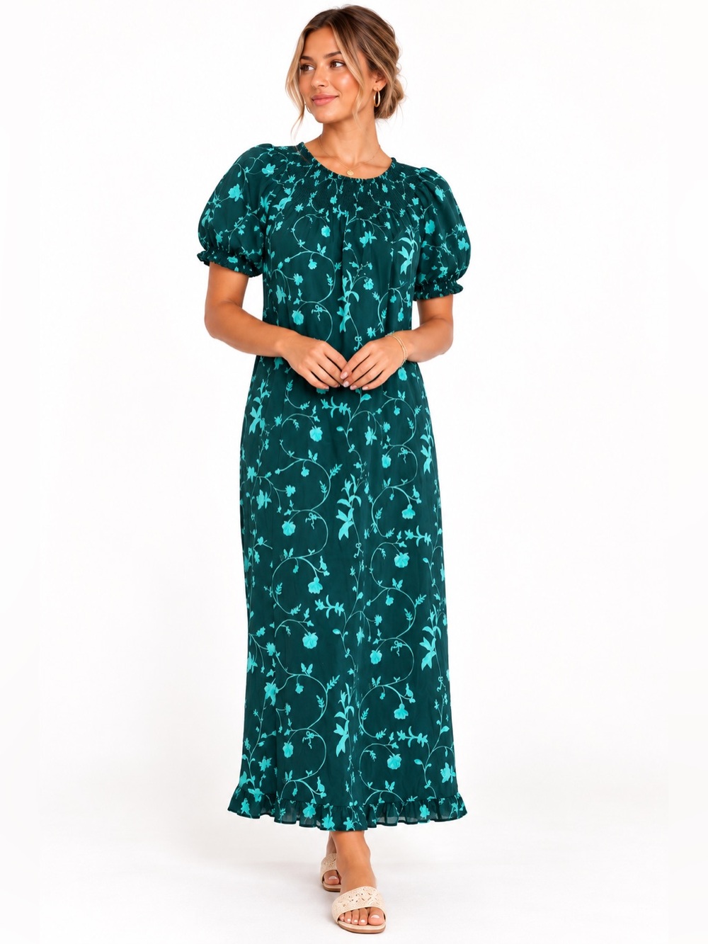 Hill House Home | Caroline Long Nap Dress Green Botanical Floral - Size Medium